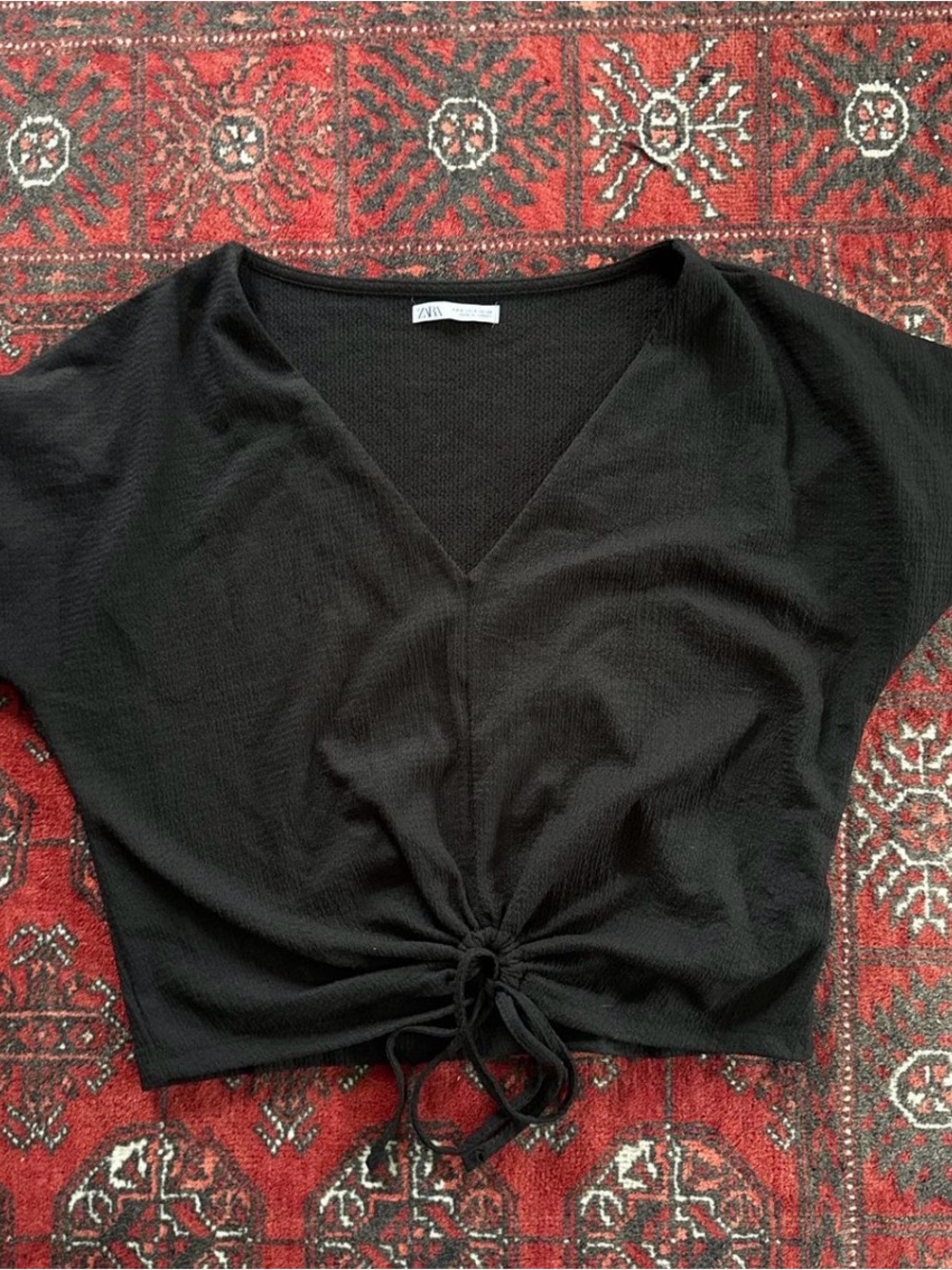 Zara Black V-Neck Ruched Drawstring Crop Top